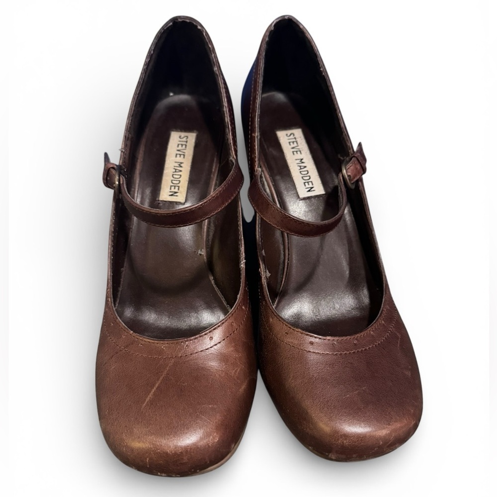 Vintage Steve Madden Brown Leather Mary Jane Pumps with Straps - Picture 3 of 7